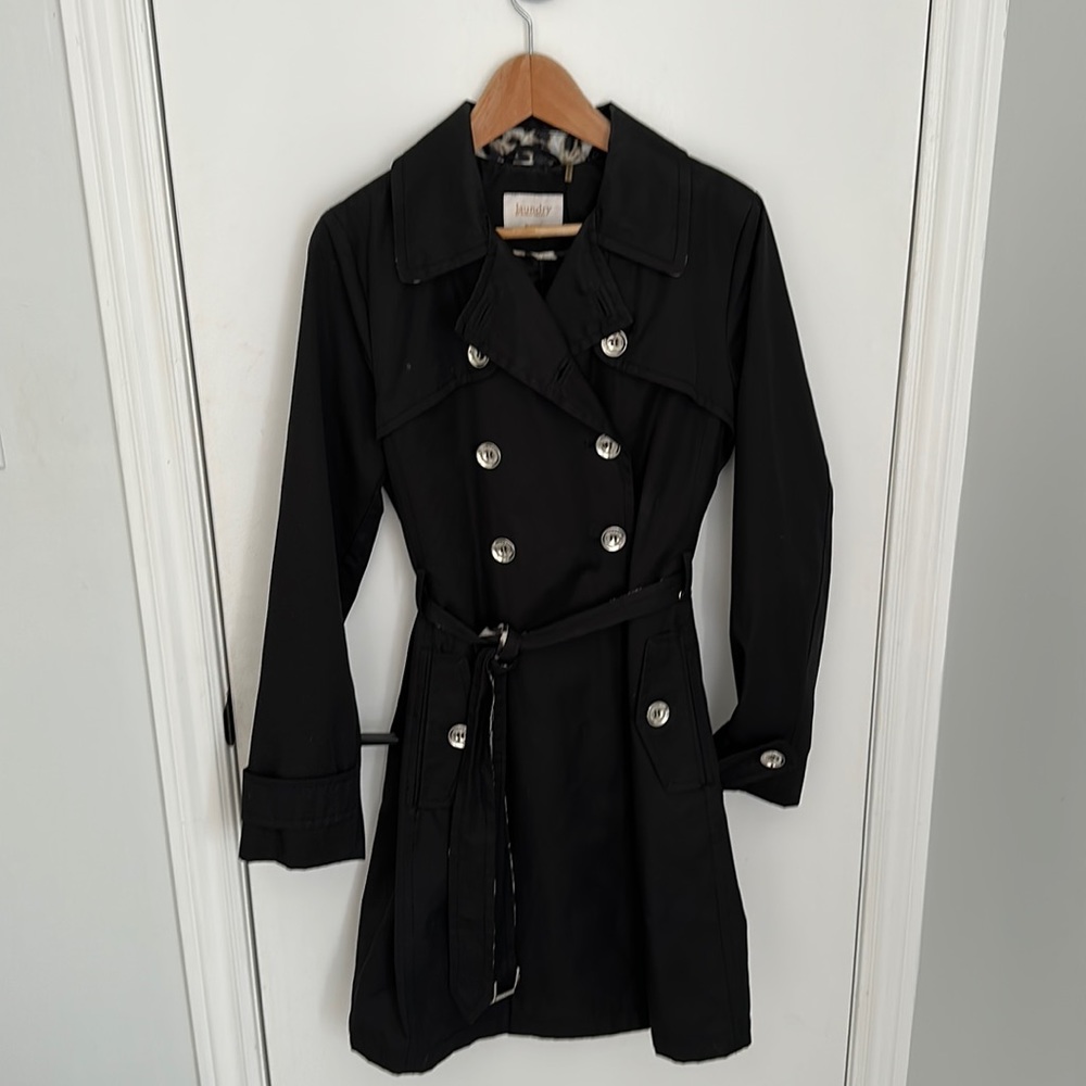Double breasted knee length trench coat